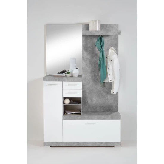 Auslauf ❤️ FMD Möbel FMD Furniture 4020-1000 Kompaktgarderobe In Nachbildung Beton Light Atelier/Weiß Edelganz, Maße Ca. 120 X 193,5 X 35,5 Cm (BxHxT) 🧨
