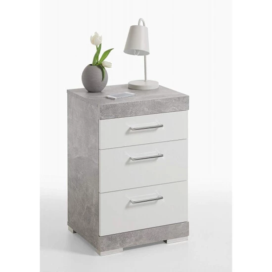 Schlussverkauf 😍 FMD Möbel FMD Nachttisch Mit 3 Schubladen Betongrau Und Hochglanz-Weiß 💯 – Bild 4