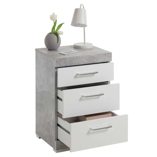 Schlussverkauf 😍 FMD Möbel FMD Nachttisch Mit 3 Schubladen Betongrau Und Hochglanz-Weiß 💯 – Bild 8