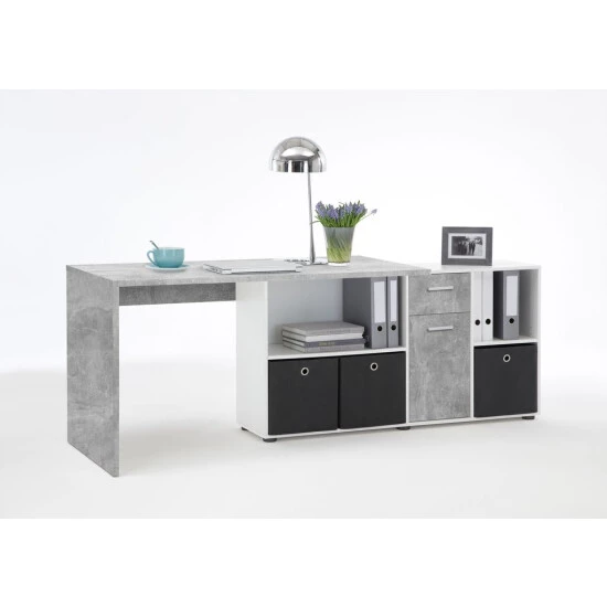 Top 10 ⭐ FMD Möbel FMD Furniture Winkelschreibtisch In Beton / Weiß Tisch 136 X 75 X 68 Cm, Regal 137 X 71 X 33 Cm Computertisch Für Gaming, Büro Oder Arbeitszimmer 😀 – Bild 2