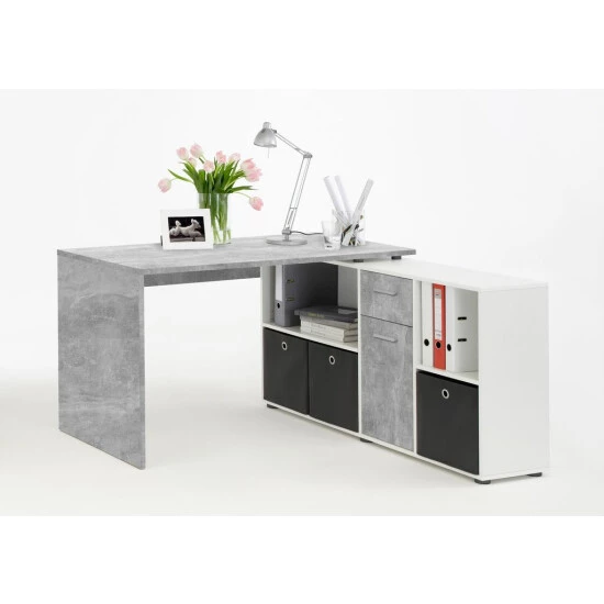 Top 10 ⭐ FMD Möbel FMD Furniture Winkelschreibtisch In Beton / Weiß Tisch 136 X 75 X 68 Cm, Regal 137 X 71 X 33 Cm Computertisch Für Gaming, Büro Oder Arbeitszimmer 😀 – Bild 3