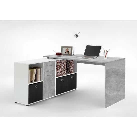 Top 10 ⭐ FMD Möbel FMD Furniture Winkelschreibtisch In Beton / Weiß Tisch 136 X 75 X 68 Cm, Regal 137 X 71 X 33 Cm Computertisch Für Gaming, Büro Oder Arbeitszimmer 😀 – Bild 4