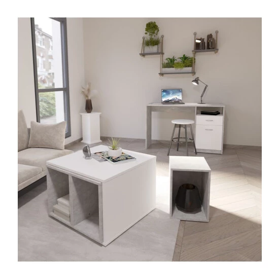 Angebote 🤩 FMD Möbel FMD Schreibtisch Mit 1 Schublade 123×50×76,5 Cm Betongrau Und Weiß ✨ – Bild 9