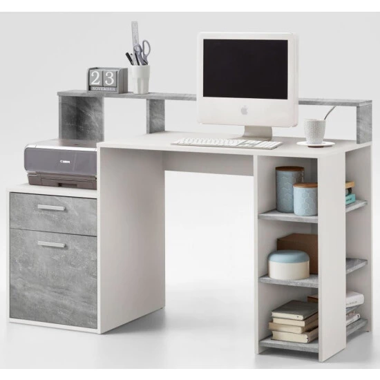 Bestpreis 😀 FMD Möbel FMD 3006-001 Schreibtisch Mit Ablagemöglichkeiten In Nachbildung Weiß/Beton Light Atelier, Maße Ca. 138,5 X 92 X 53,5 Cm (BxHxT) 🤩 – Bild 11