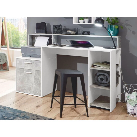 Bestpreis 😀 FMD Möbel FMD 3006-001 Schreibtisch Mit Ablagemöglichkeiten In Nachbildung Weiß/Beton Light Atelier, Maße Ca. 138,5 X 92 X 53,5 Cm (BxHxT) 🤩 – Bild 12