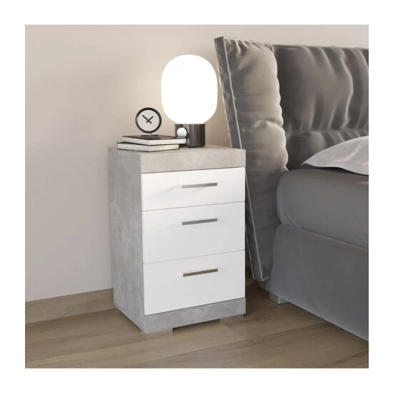 Brandneu ⭐ FMD Möbel FMD Nachtkommode Mit 3 Schubladen Betongrau Und Hochglanz-Weiß 🎉 – Bild 8